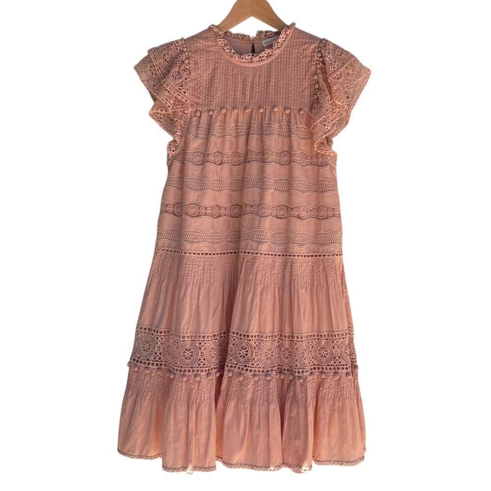 Ulla Johnson Nora Dress Size 6 Crochet Pom Poms Flutter Sleeve Light PInk /Peach - Picture 2 of 7